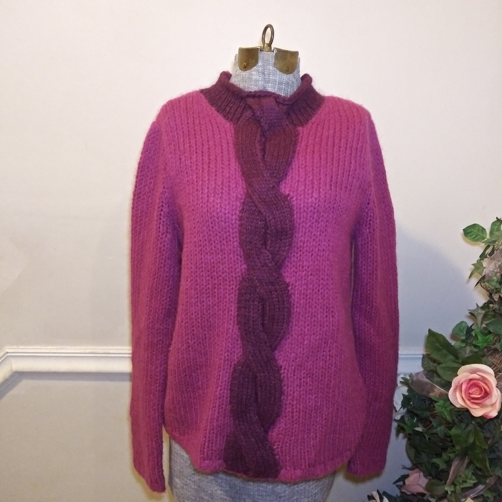 LAST CHANCE - L.L. Bean Fuschia/Purple Cable Knit Mohair/Wool Mock Neck Sweater - Picture 8 of 8